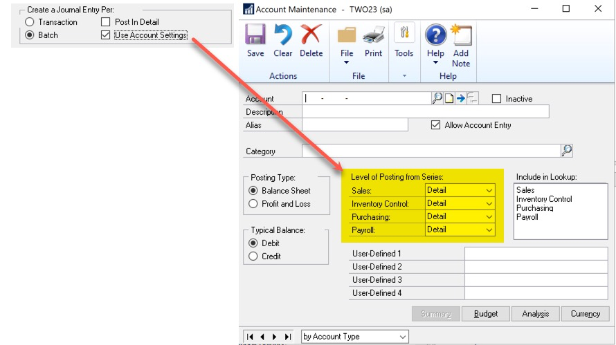 Dynamics GP Use Account Settings feature