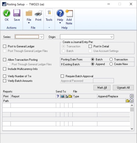Overview of the Dynamics GP Posting Setup window