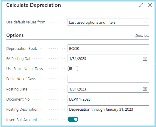 Use the filters to calculate depreciation in Business Central