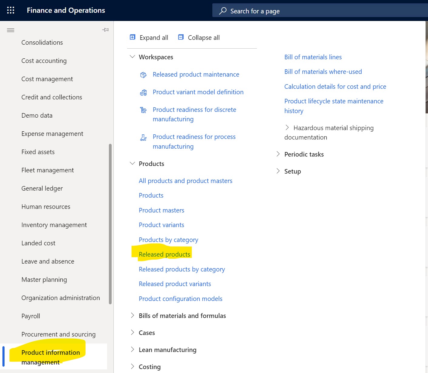 Product information management tab in Dynamics 365 Finance and Operations