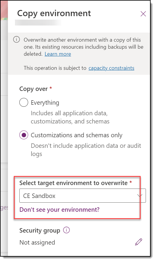 Select target environment to overwrite