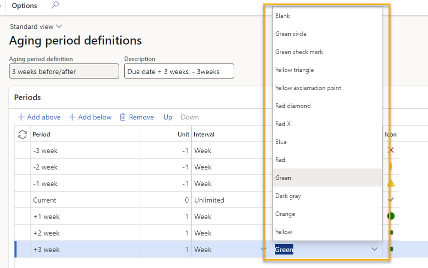 Aging indication drop-down options in Dynamics 365 F&O