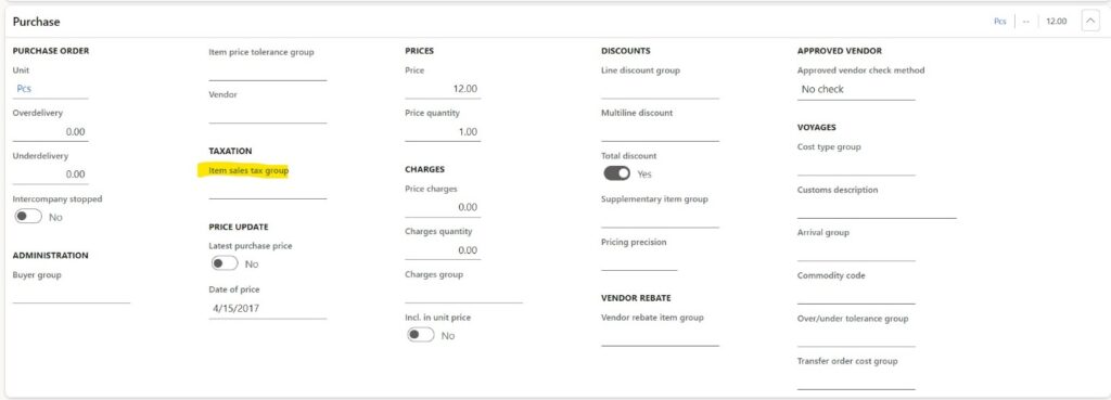 Set a default sales tax group for purchasing product variants