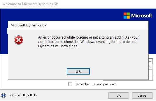 Dynamics GP error message on trying to initialize an addin