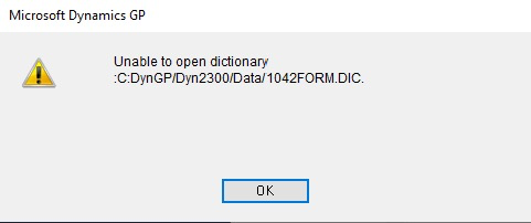 Dynamics GP error message - unable to open dictionary