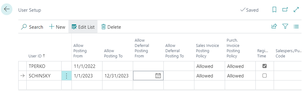 Set posting restrictions in User Setup