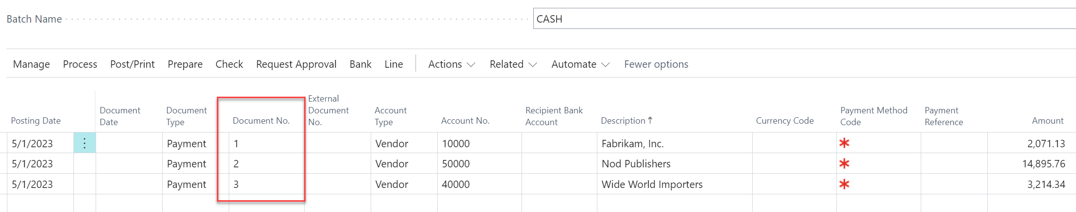 Populate the Document No. rows with numbers in sequential order