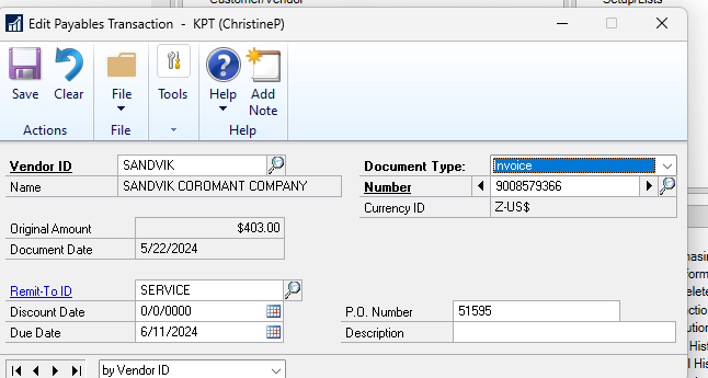 Screen shot Payables Transaction - due date
