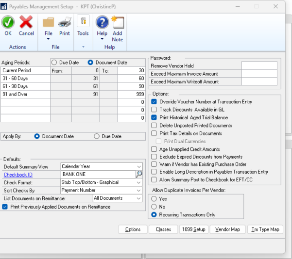 Screenshot Payables Management Setup