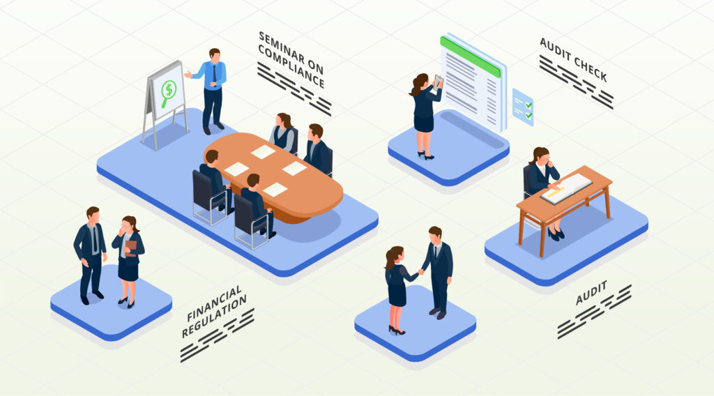 five groups of people in an auditing circle