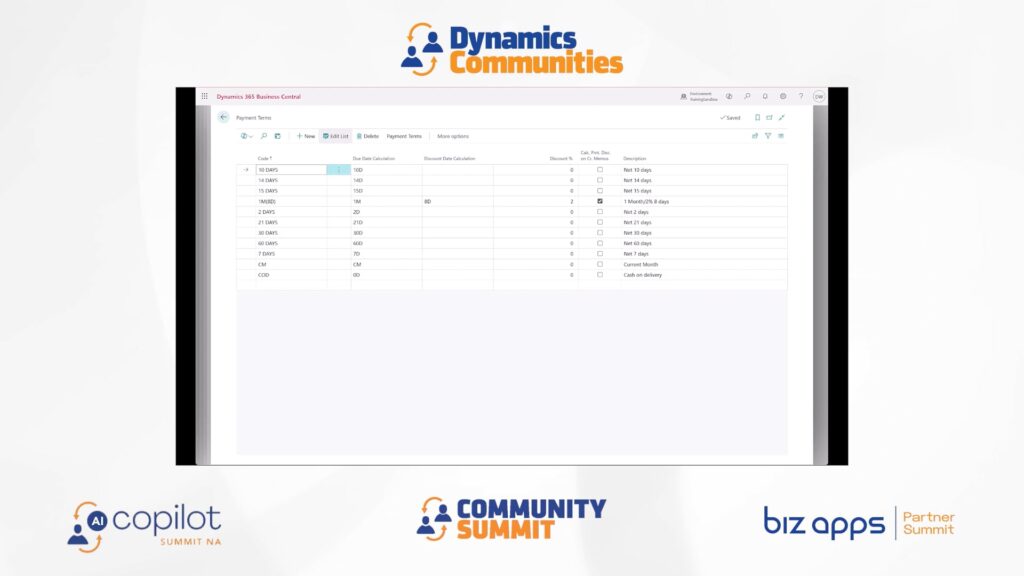 payment terms business central