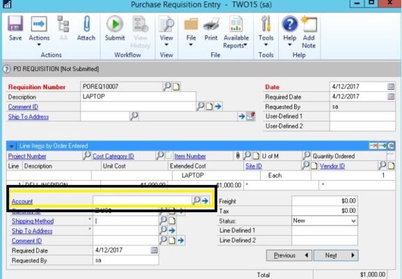 Requisition Entry Screen