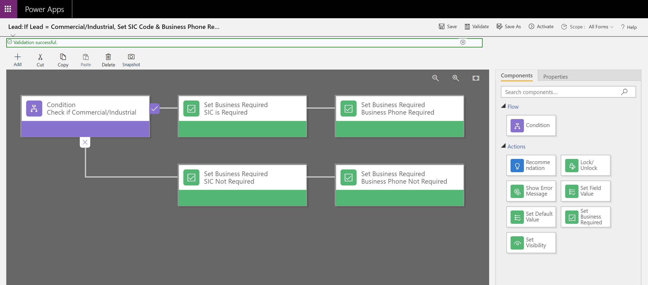 A sample business rule using "set required" actions.