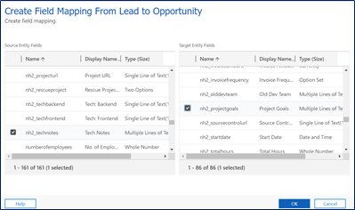 Field level mapping: Select fields to map between entities.