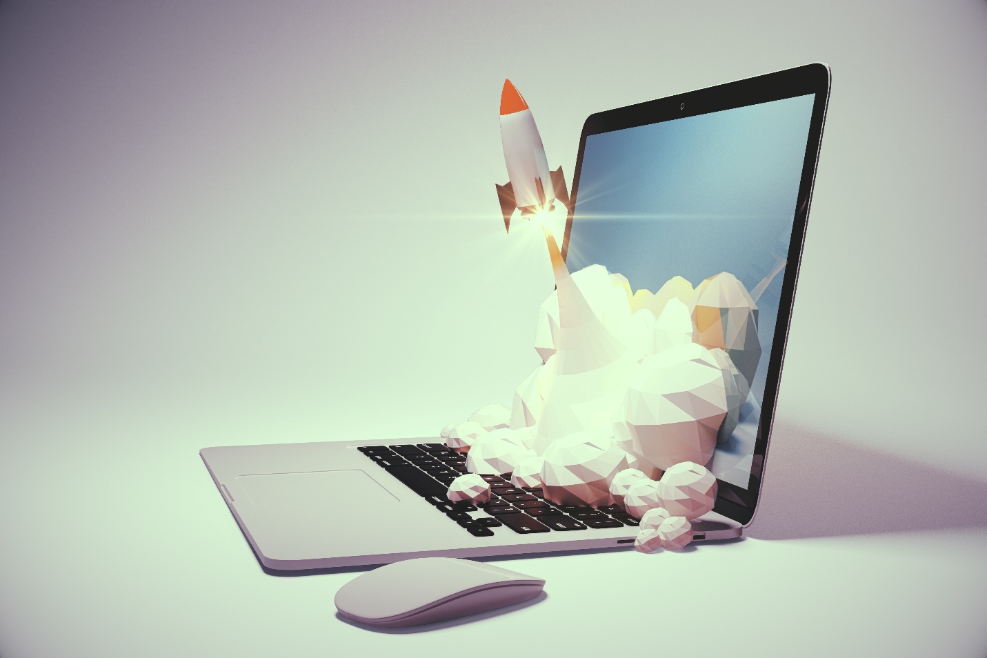 A toy rocket flying out of the computer