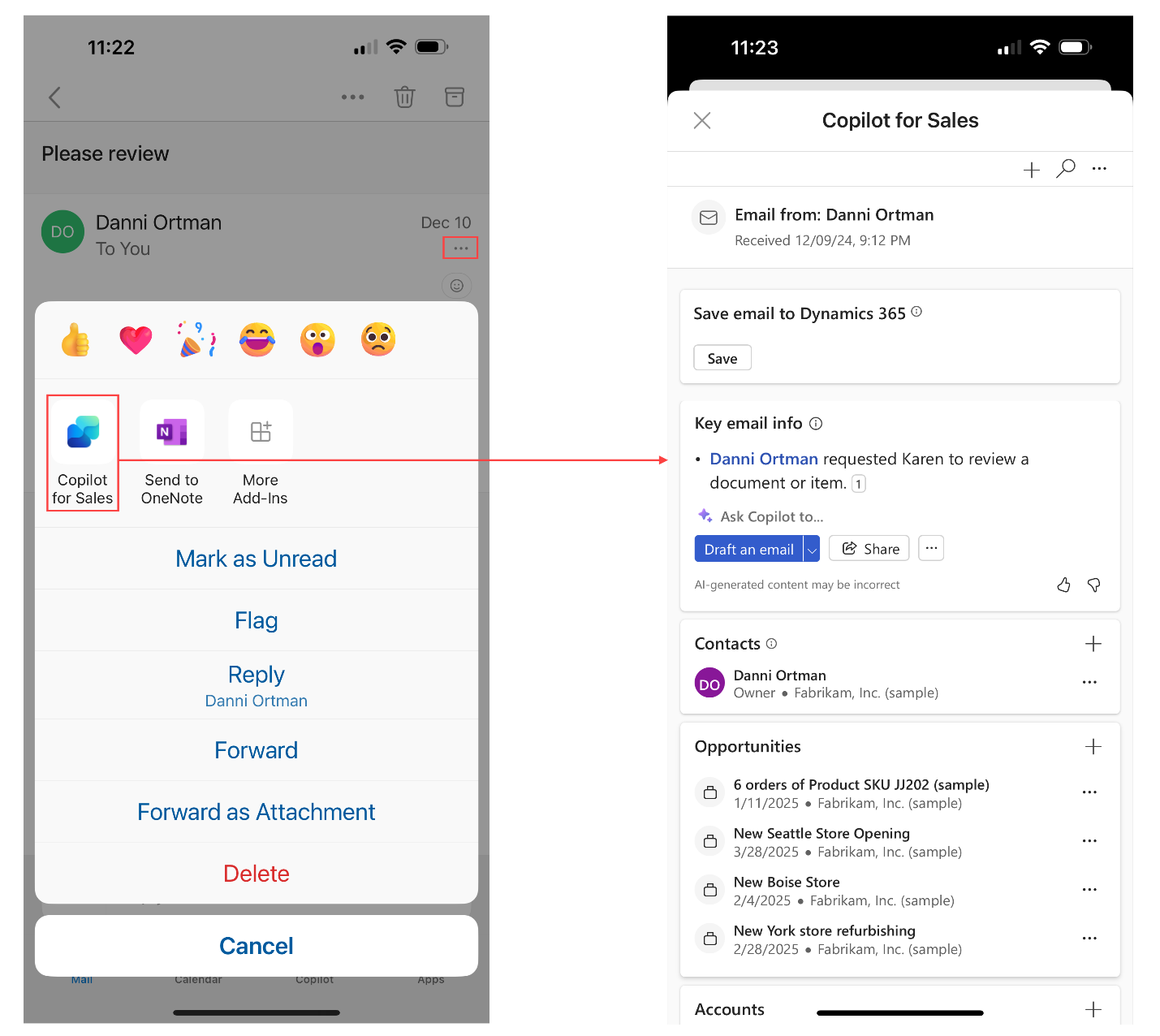 Screenshot of Copilot for Sales opened in Outlook mobile app.