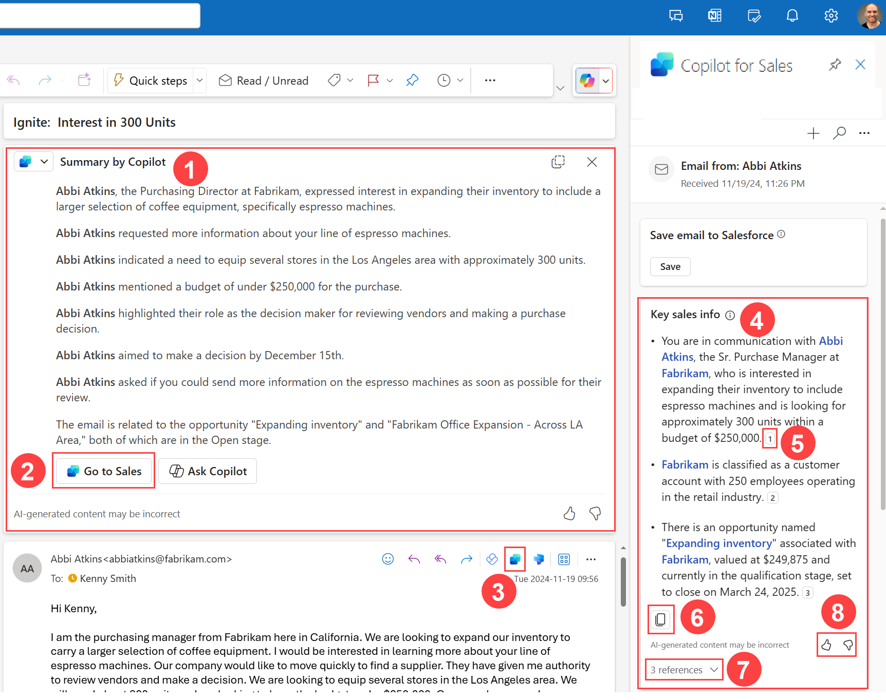 Screenshot of a Copilot for Sales email summary in Outlook on the web, with numbered callouts.