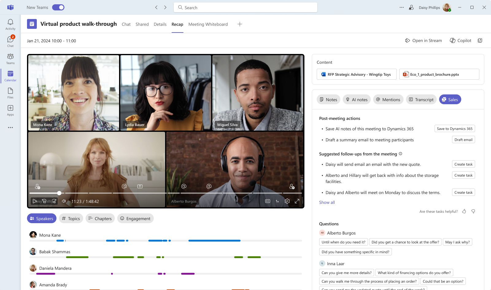 Screenshot showing sales insights in Teams meeting recap.