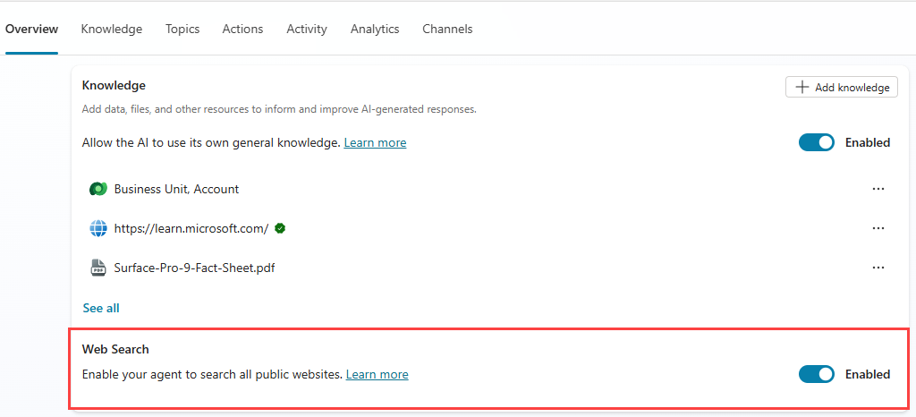 Screenshot of an agent's Overview page, focusing on the Knowledge section and highlighting the Web Search setting.